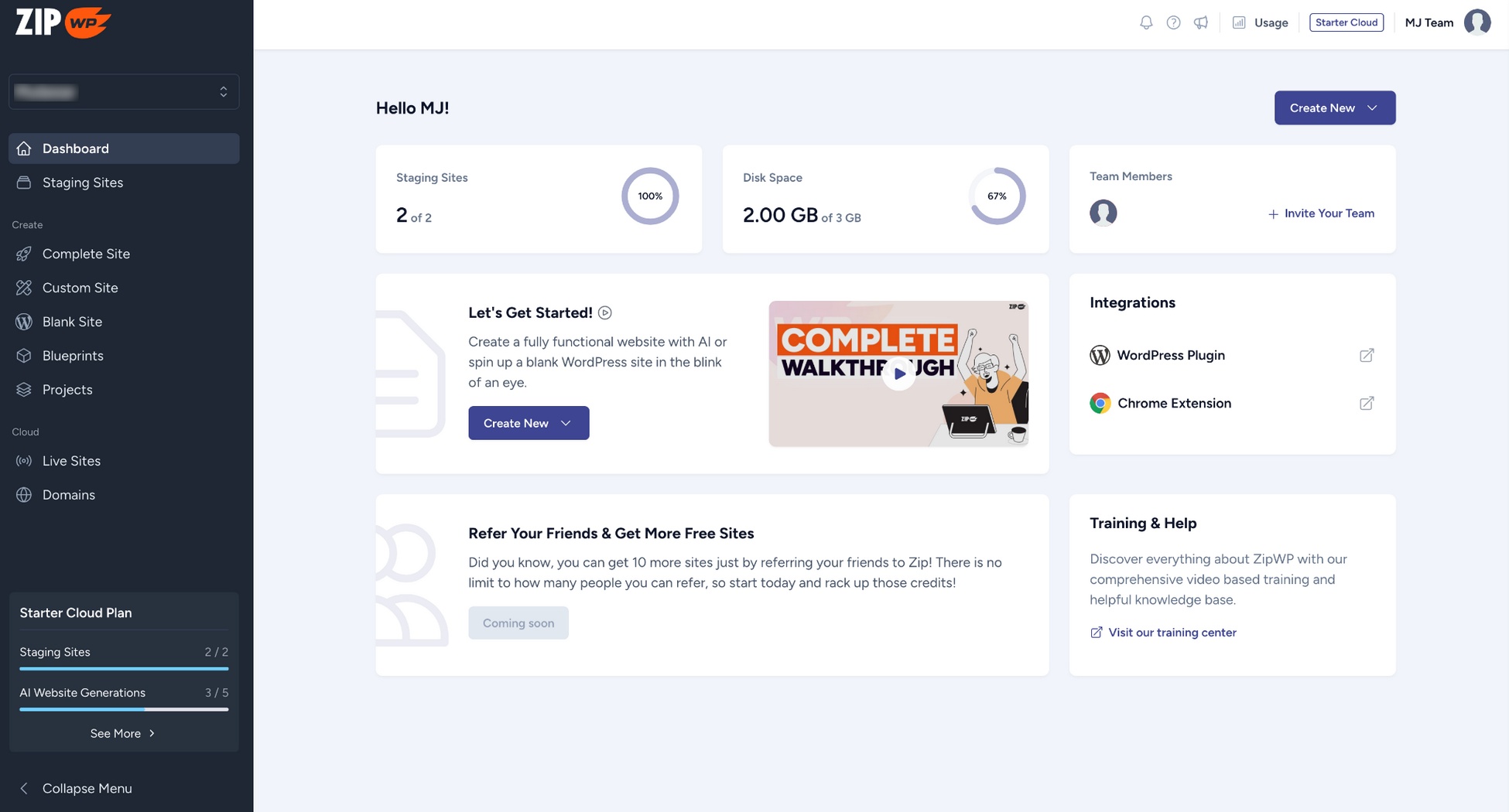ZipWP dashboard view of Starter Cloud plan.
